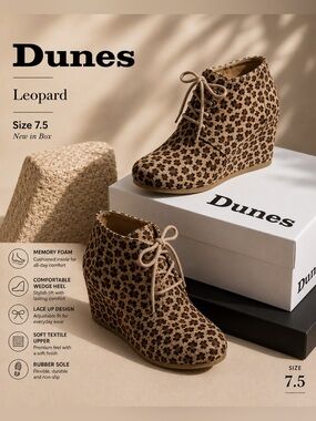 Dunes Leopard Print Wedge Ankle Boots – Size 7.5 – NIB